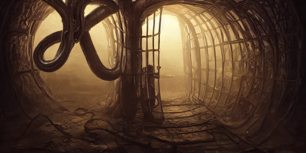 Image similar to A Beautiful digital artwork of Tentacle artifact trapped inside leather cage, Cyril Rolando and Caspar David Friedrich, 8k resolution, Ultrafine details, Rendered in Unreal Engine 5, Cinematic Composition, Reimagined by industrial light and magic, smooth,4k, beautiful lighting, HDR, IMAX, Cinema 4D, shadow depth