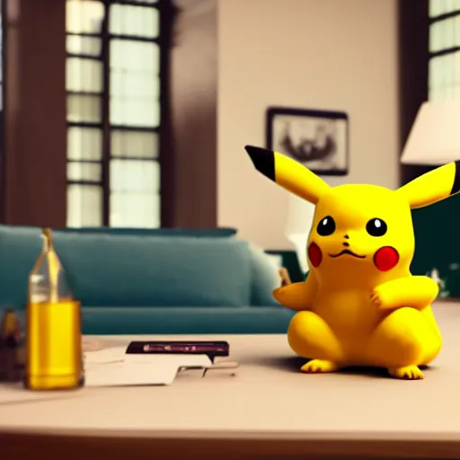 Image similar to Pikachu taking a bong rip while sitting on the couch, unreal engine 5, octane render, cgsociety, living room interior, soft lighting, ray tracing