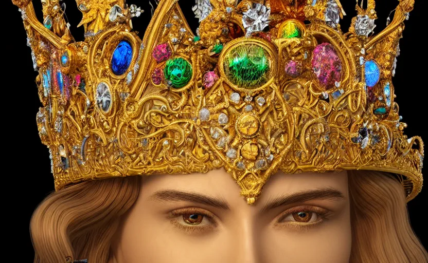 Image similar to Golden crown adorned with multicolored gems, hyperdetailed, artstation, cgsociety, golden hour 8k