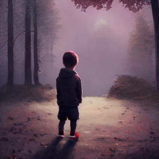 Image similar to a cute little boy wearing hoodie and waiting for his friends, full body, magical world, by greg rutkowski, sung choi, photo realistic, 8 k, cinematic lighting, hd, atmospheric, hyperdetailed, trending on artstation, devainart, digital painting, glow effect