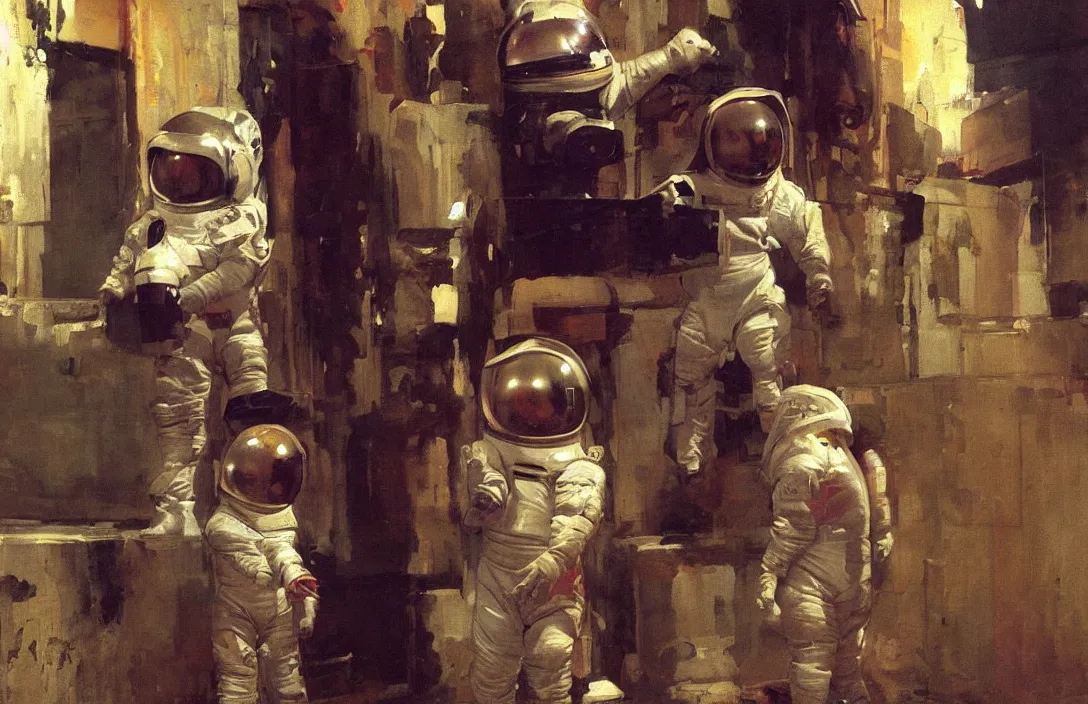 Prompt: 1 child dressed as spacemen, in an alleyway detailed painting, epic lighting, by ilya repin, phil hale and kent williams