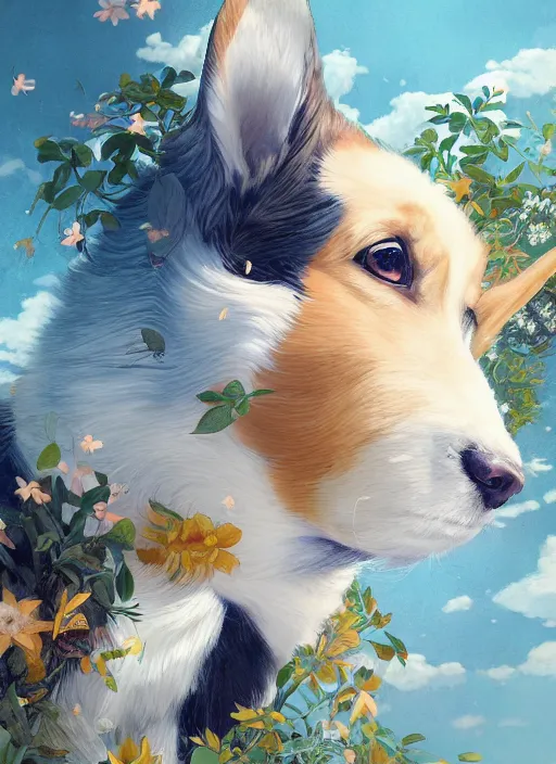 Image similar to beautiful fantasy anime painting of summer chill day with corgi, by Kenne Gregoire, James Jean, Tran Nguyen, WLOP, Jakub Rebelka. trending on Artstation, 8k, masterpiece, face enhance, graffiti paint, fine detail, full of color, intricate detail, golden ratio illustration