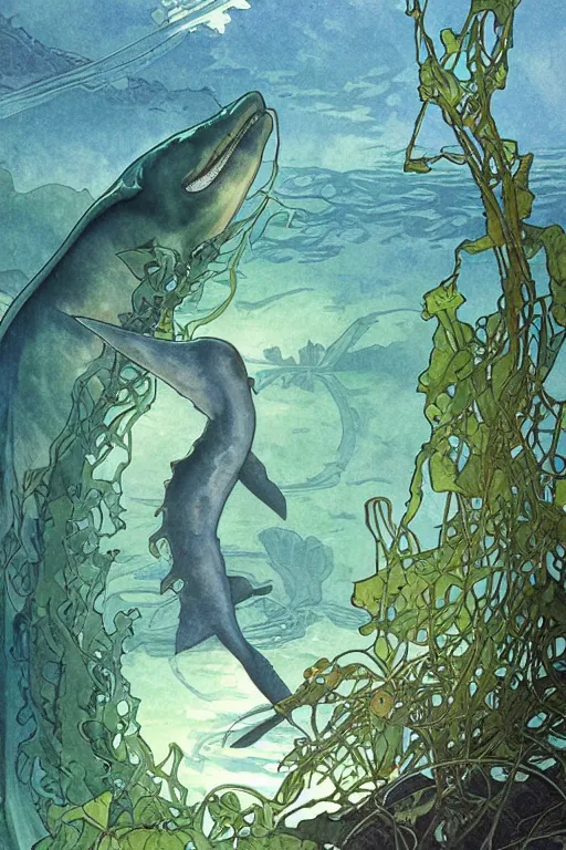 Image similar to a plesiosaur swimming in kelp in sinister green and blue lake, water color, art by artgerm and greg rutkowski and alphonse mucha and jin xiaodi and anthony devine