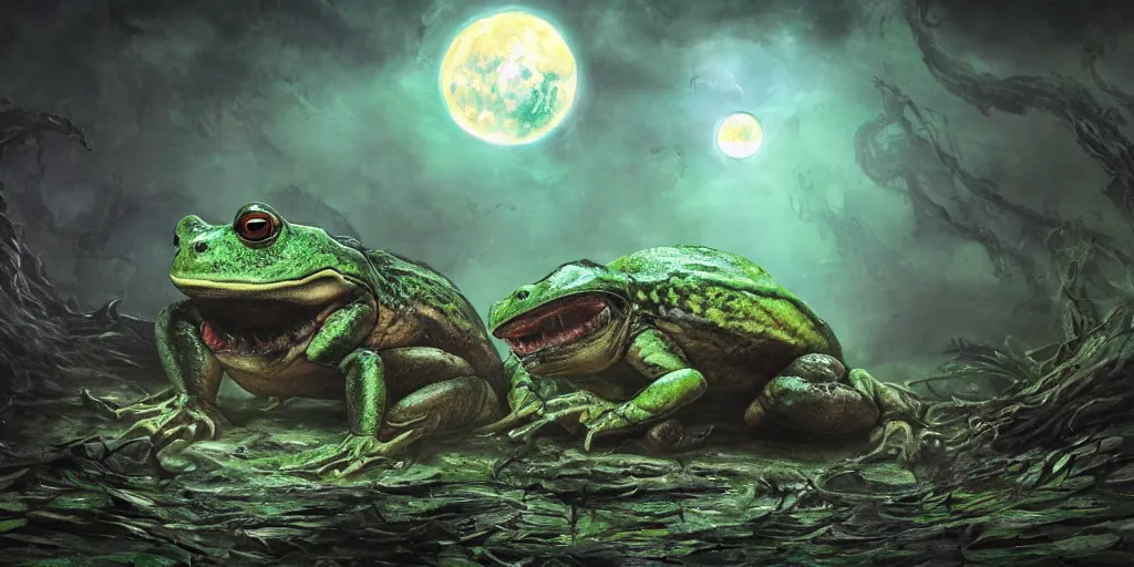 Prompt: concept art of giant frog attack, lovecraftian, lots of teeth, melting horror, fluffy feathers, round moon, rich clouds, fighting the horrors of the unknown with laser guns, high resolution, very detailed, colorful, roaring, volumetric light, mist, grim