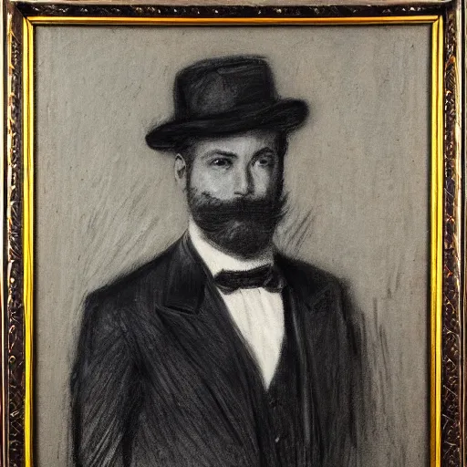 Image similar to portrait of an action hero, suit, tie, smile, by alfred stevens in charcoal