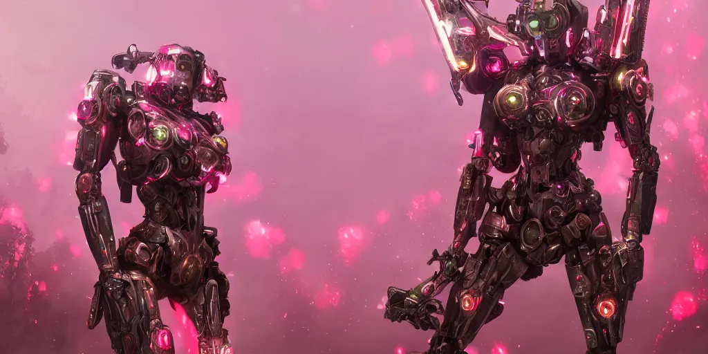 Image similar to a female saints made of mecha rose is flying in the fantasy forest by merriam, daniel, intricate mechanical details, futuristic, 2 k aesthetic, dramatic lighting, concept art, 4 k, 3 d octane render, pink and red colors, provenance, detailed, trending on artstation