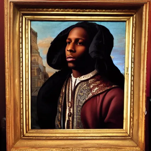 Image similar to a renaissance style portrait painting of asap rocky