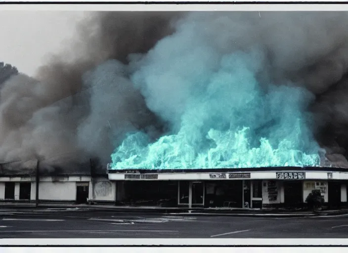 Image similar to an overexposed kodak 500 photograph of a bingo hall on fire, muted greenish blue colors