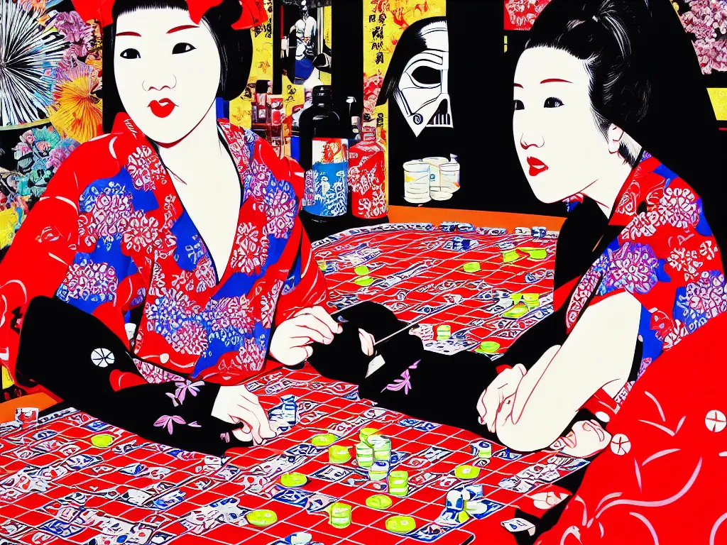 Image similar to hyperrealism composition of the detailed woman in a japanese kimono sitting at an extremely detailed poker table with darth vader, fireworks and folding screen on the background, pop - art style, jacky tsai style, andy warhol style, acrylic on canvas