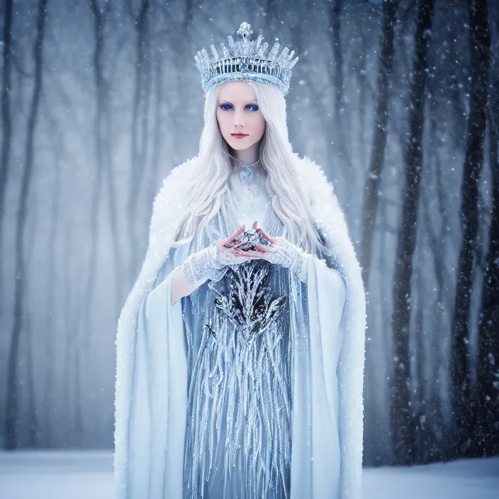 Image similar to photograph of a real-life beautiful ice queen with ornate cloak and crown in an ethereal snowy landscape. Extremely detailed. 8k