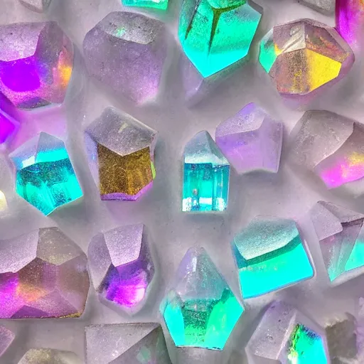 Prompt: texture of joined hexagonal clear quartz crystals through which is clearly visible the beatific multicoloured lights of paradise, exquisitely clear and hyper realistically sharp,