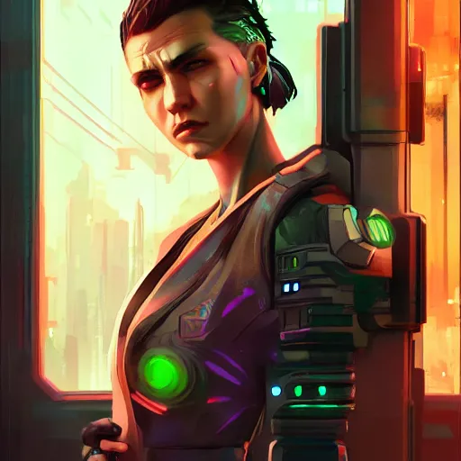Image similar to cyberpunk character portrait in the style of thomas river and artgerm, lean face, cinematic lighting, sci - fi background, watercolor, low detail