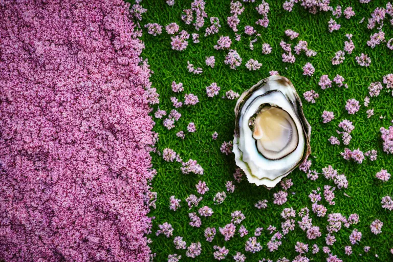 Image similar to a romantic dlsr photoportrait of the very beautiful oyster in the field of flowers. pastel colors, blurred background. sharp focus on the oyster, 5 0 mm lens, professional light, aerial shot from the drone