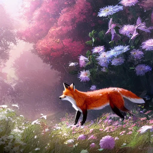 Prompt: a fox surrounded by beautiful flowers, by stanley lau and greg rutkowski