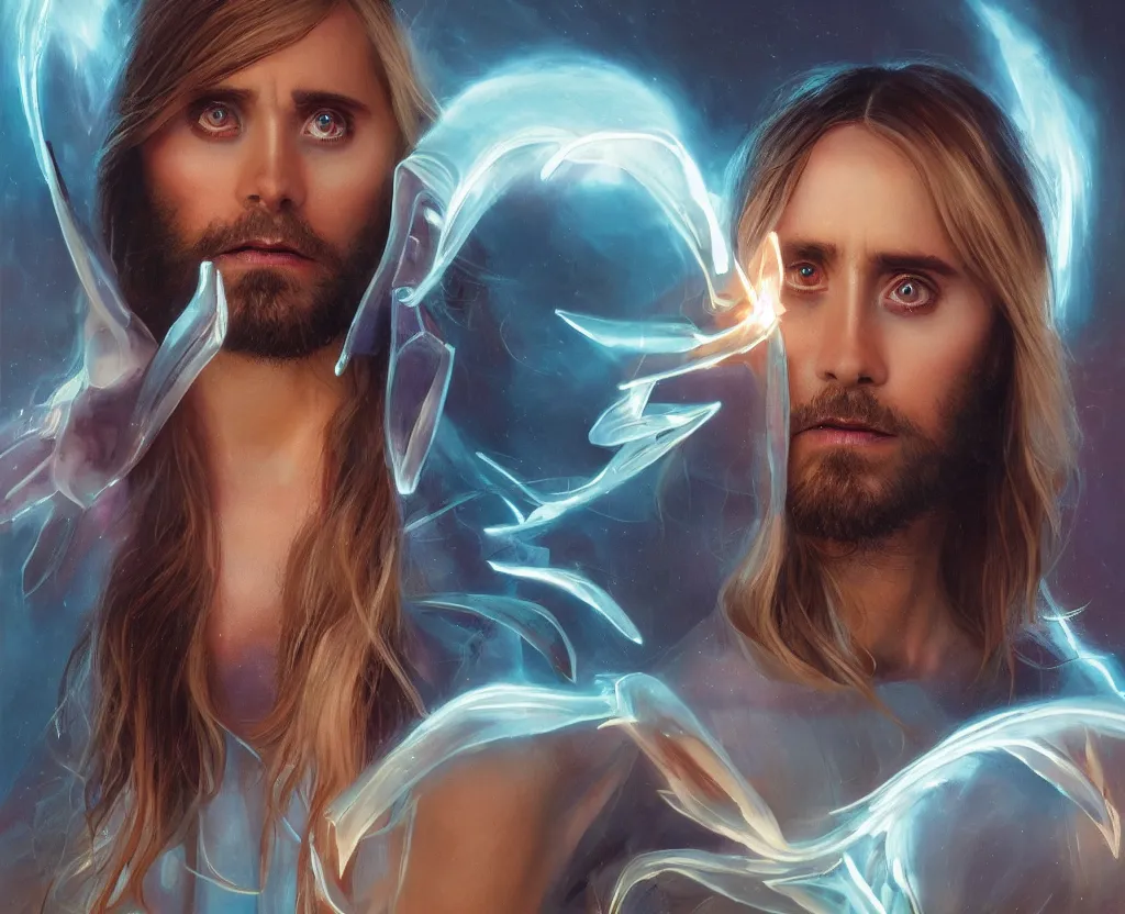 Image similar to dramatic portrait of Jared Leto, bloomed lighting, angelic, futuristic, beautiful colors, slightly golden, very sharp likeness, very detailed, chopping hands, electrical details, cinematic lighting high details, 4k, 8k, trending on artstation, ultra-realism, by Boris Vallejo and Hajime Sorayama