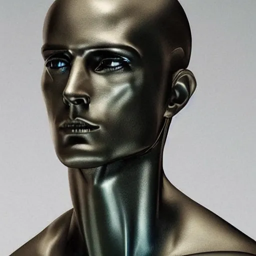 Image similar to “a realistic detailed photo of a guy who is an attractive humanoid who is half robot and half humanoid, who is a male android, Cristiano Ronaldo, shiny skin, posing like a statue, blank stare”