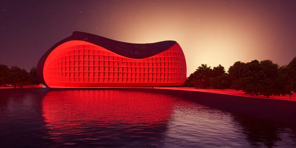 Image similar to An epic architectural rendering of a blob shaped trypophobia house with a mysterious red glow emitting from inside in a modern cityscape next to a river, stunning, gorgeous, golden ratio, photorealistic, featured on artstation, 4k resolution