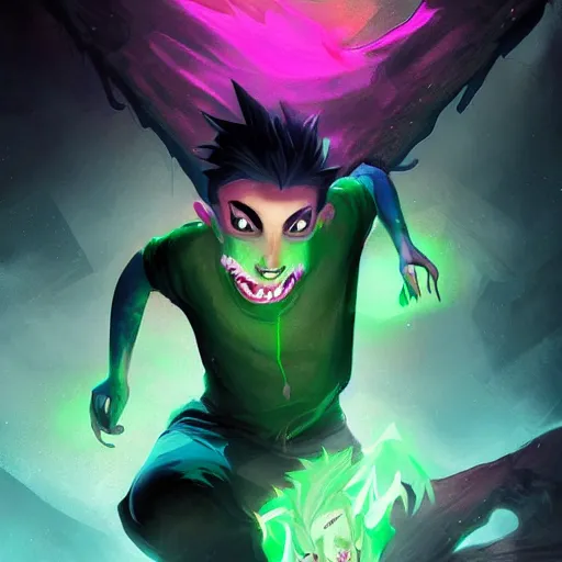 Prompt: Young Danny phantom with glowing green eyes and sharp teeth fangs alt art fashion punk, art by WLOP and Charlie Bowater and WLOP and Mark Arian and Ross Tran + neon colors, symmetry,A digital matte intricate illustration concept art , intricate complexity, epic composition, magical atmosphere, highly detailed, cinematic lighting + masterpiece, trending on artstation + 8k