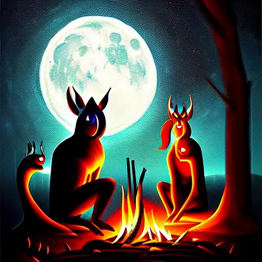 Image similar to strange mythical beasts of sitting around a fire under a full moon, surreal dark uncanny painting by ronny khalil