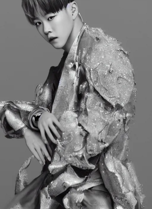 Image similar to jimin styled by nick knight posing, couture, vogue magazine, highly realistic. high resolution. highly detailed. dramatic. 8 k. 4 k.