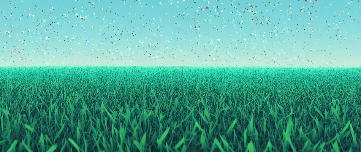 Prompt: 3 d render, low poly art, minimalist, flowers, teal sky, lowpoly, field of dreams, particles floating, unreal engine, dreamy, bokeh, bounce light, radiant lighting