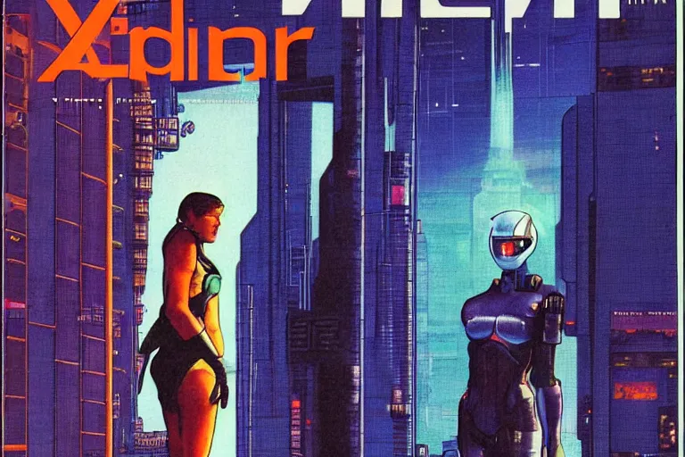 Image similar to 1979 OMNI Magazine Cover of vervet apeling Paladin . window showing neo-Tokyo streets behind her. in cyberpunk style by Vincent Di Fate