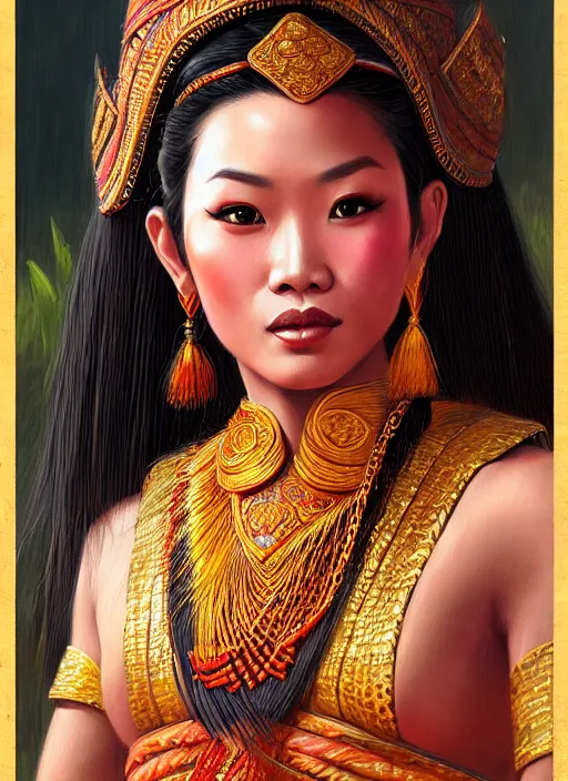 Prompt: portrait of a beautiful female tai ethnic sukhothai, closeup portrait, historical, ethnic group, traditional costume, elegant, loin cloth, highly detailed, oil painting, artstation, concept art, matte, sharp focus, illustration, hearthstone, art by earl norem