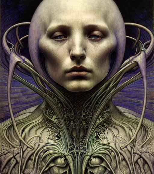 Image similar to detailed realistic beautiful young medieval alien robot grimez face portrait by jean delville, gustave dore and marco mazzoni, art nouveau, symbolist, visionary, gothic, pre - raphaelite. horizontal symmetry by zdzisław beksinski, iris van herpen, raymond swanland and alphonse mucha. highly detailed, hyper - real, beautiful