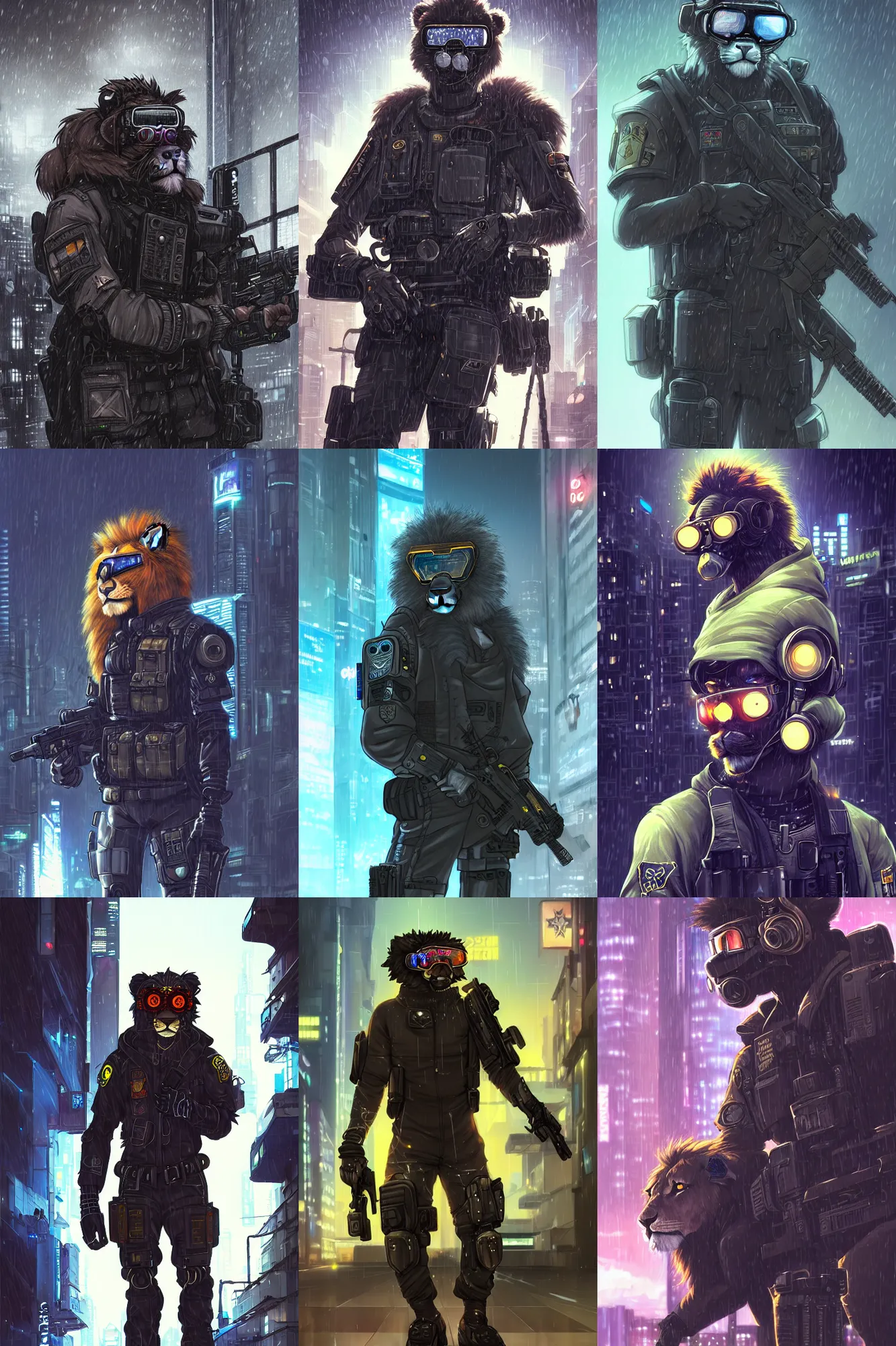 Prompt: beautiful portrait commission of a male furry anthro lion fursona wearing a tactical cyberpunk swat uniform with ballistic goggles in a cyberpunk city at night in the rain. character design by charlie bowater, ross tran, artgerm, and makoto shinkai, detailed, inked, western comic book art