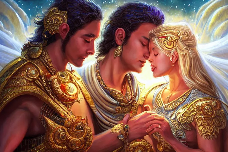 Image similar to close up moment of a divine a sun god and a moon goddess lovers magician at a wedding banquet, highly detailed, d & d, fantasy, highly detailed, digital painting, trending on artstation, concept art, sharp focus, asian feature, illustration, art by artgerm and daniel gerhartz and magali villeneuve