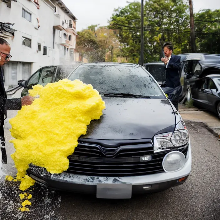 Image similar to a man wearing a suit ( ( washing ) ) a toyota corolla car with a yellow sponge!!!, canon eos c 3 0 0, ƒ 1. 8, 3 5 mm, 8 k, medium - format print