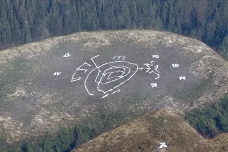 Prompt: the cascadian hilltops marked with alien symbols, news footage from helicopter perspective