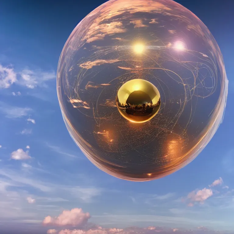 Prompt: a reflective golden eco sphere and torus in the sky over the ocean by beeple