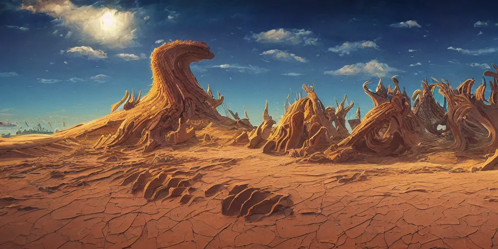 Prompt: the sands of time, a highly detailed cinematic oil painting by roger dean and alena aenami, bones of a colossal creature submerged in sands, dynamic lighting