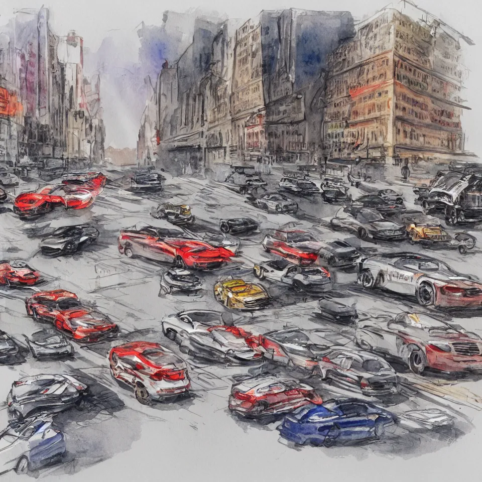 Image similar to a detailed watercolor sketch of cars racing in new york city