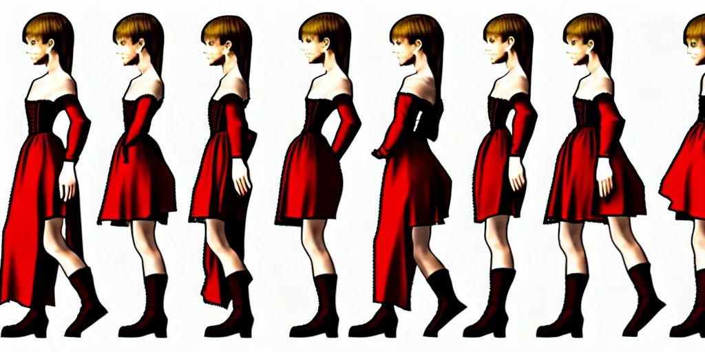 Image similar to walking cycle sprite sheet of a girl in a renaissance dress, walking to the right, each sprite is a different frame of the animation, in the style of final fantasy games, side view of her taking steps, accurate walk cycle, walk cycle, walk cycle, red and white dress