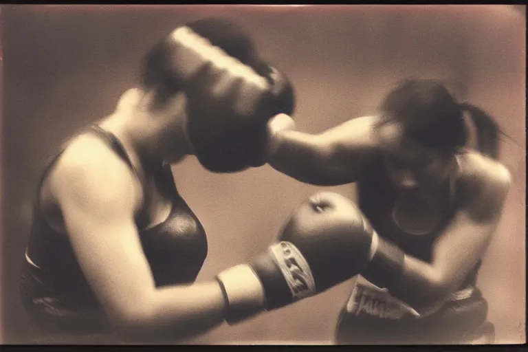 Image similar to close up portrait of women boxing moment of knock out with brews blood sweating, photography photojournalism, very grainy image, 50mm lens, close up portrait polaroid