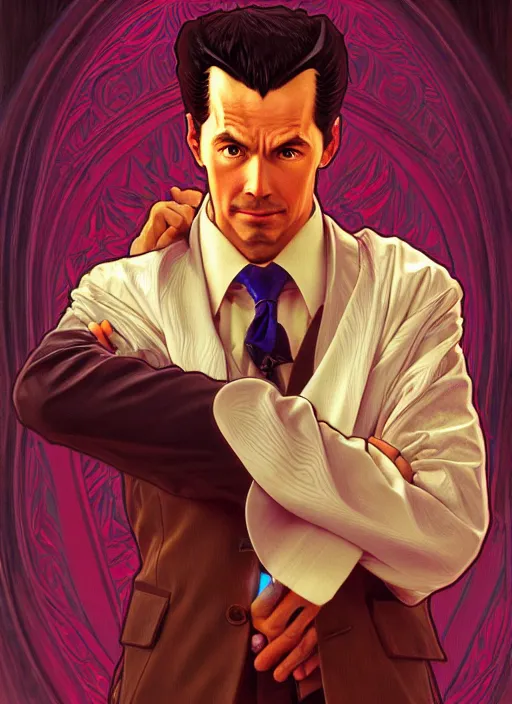 Prompt: oil portrait of phoenix wright, intricate, elegant, highly detailed, lighting, painting, artstation, smooth, illustration, art by greg rutowski and alphonse mucha