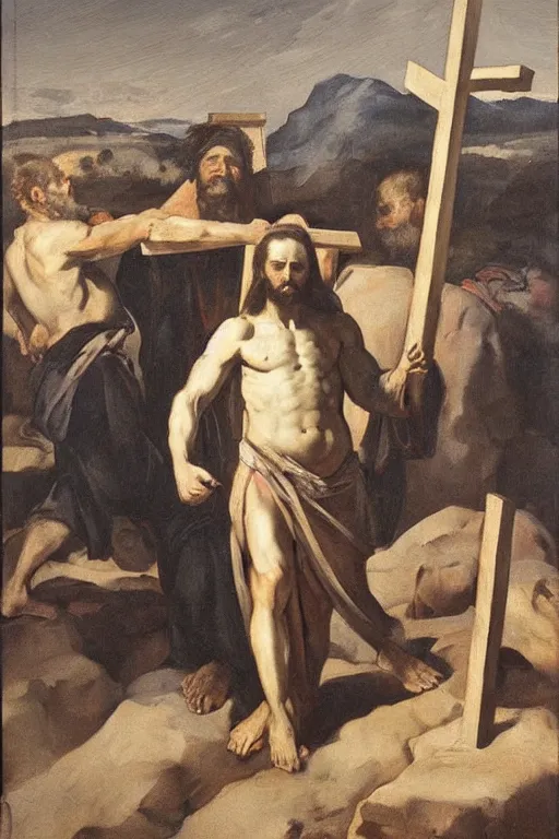 Prompt: a highly realistic oil painting of Christ carrying the Cross over his shoulders, vey detailed faces, landscape background, chiaroscuro, by Ribera