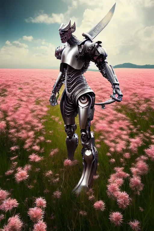 Image similar to ultrarealistic cinematic cyborg dragon holding sword in a field of pale pink flowers, highly detailed smooth digital art masterpiece, vitaly bulgarov artgerm dramatic light, ground angle uhd 8 k, sharp focus