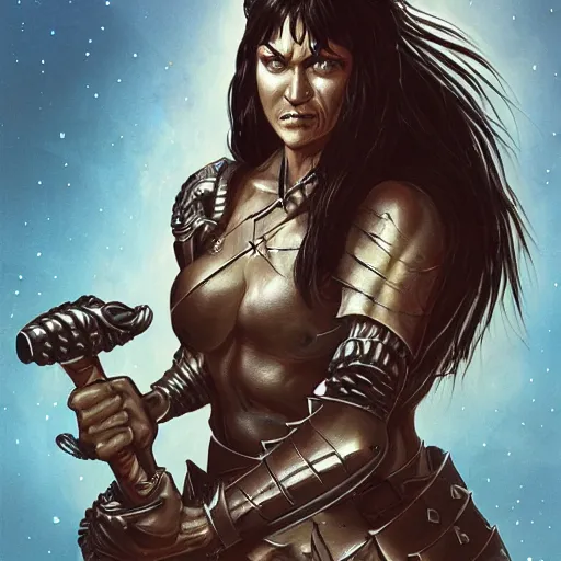 Prompt: a muscular bronze - skinned silver - eyed woman warrior with long black hair, in xena armor, in an arena on a hostile alien planet, highly detailed, mike mignola, trending on art station, illustration, comic book