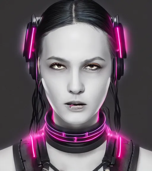 Image similar to detailed realistic female character cyberpunk wearing thick steel collar around neck, realistic, art, beautiful, 4K, collar, choker, collar around neck, punk, artstation, detailed, female, woman, choker, cyberpunk, neon, punk, collar, choker, collar around neck, thick collar, choker around neck,