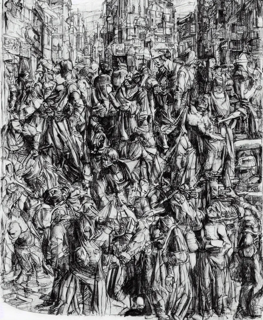 Image similar to davinci sketches comic book graphic novel renaissance street scene market