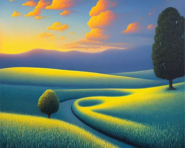 Image similar to a painting of an unimaginably beautiful landscape at golden hour, an ultrafine detailed painting by rafal olbinski, behance contest winner, pop surrealism, detailed painting, very detailed, minimalist, skeuomorphic, airbrush art