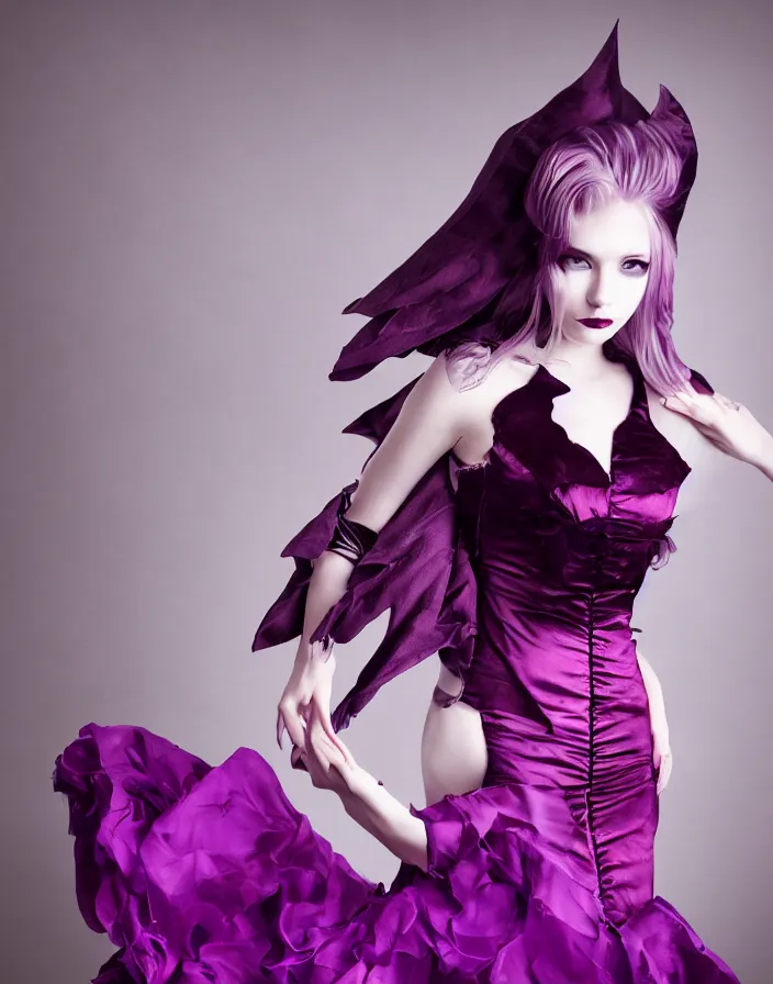 Image similar to Beautiful, professional model, vampire, Shalltear Bloodfallen, Studio Photography, Editorial photography, Studio Lighting, purple dress