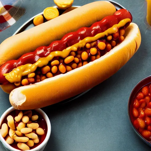 Prompt: promotional photo of a delicious hot dog, with baked beans, mustard, ketchup, brussel sprouts, cereal on top, detailed, uhd, 8k,