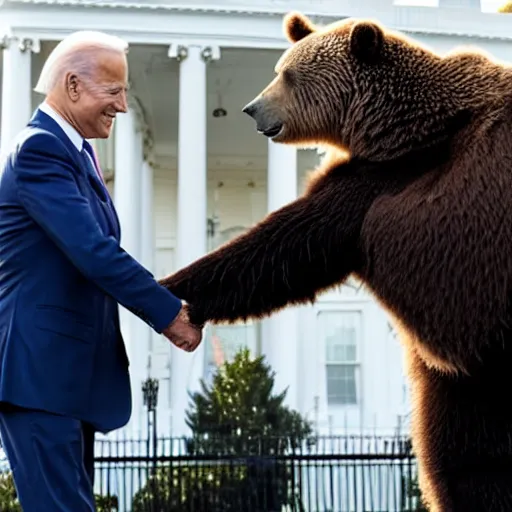 Prompt: joe biden shaking hands with a grizzly bear in front of the white house