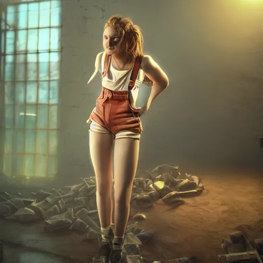 Prompt: full body pose, hyperrealistic photograph of a beautiful girl, overalls, dim volumetric lighting, 8 k, octane beautifully detailed render, extremely hyper detailed, intricate, epic composition, cinematic lighting, masterpiece, trending on artstation, very very detailed, stunning, hdr, smooth, sharp focus, high resolution, award, winning photo, dslr, 5 0 mm