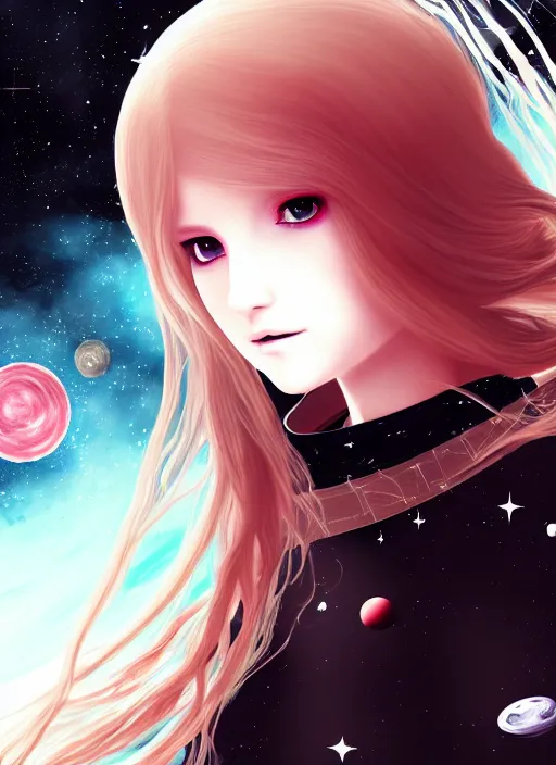 Prompt: highly detailed portrait of a hopeful pretty astronaut lady with a wavy blonde hair, by William Turner, 4k resolution, nier:automata inspired, bravely default inspired, vibrant but dreary but upflifting red, black and white color scheme!!! ((Space nebula background))