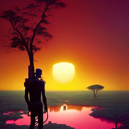 Prompt: a zulu cyberpunk hunter with a drone near a pink lake witha a baobab tree at sunset by greg rutkowski and android jones in a surreal portrait style, oil on canvas, backview, 8k resolution.